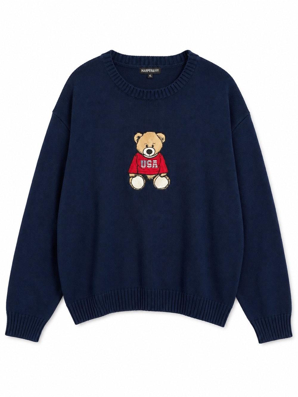 Harper & Ivy Teddy Bear USA Navy Oversized Knit Sweater Large Americana